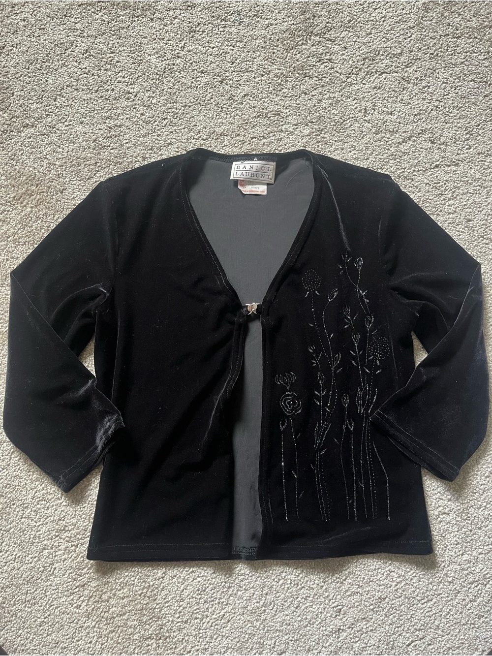Black Velvet Open-Front Cardigan with Floral Embroidery